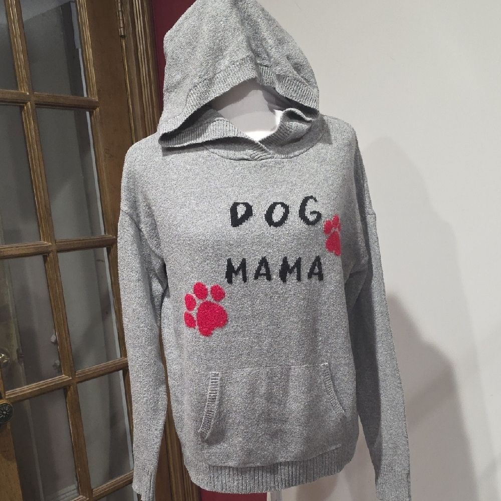 Lou & Grey Dog Mama Knit Hoodie Sweater Gray Pink Paw Print S
